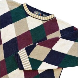 Paris Sport Club World Wide Vintage Argyle Striped Trim Pullover Sweater Men's M